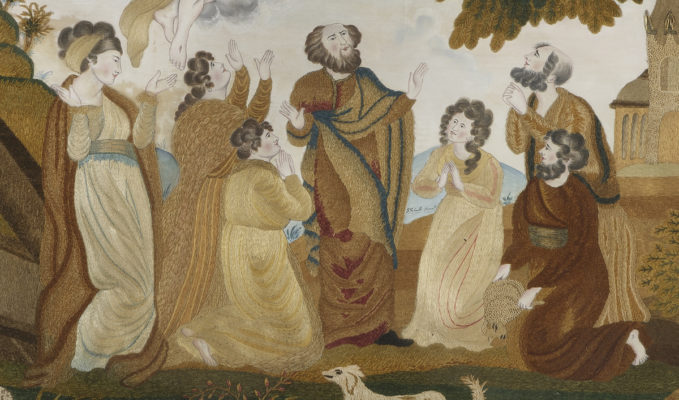 Detail of three men and four women below the ascendant Jesus.