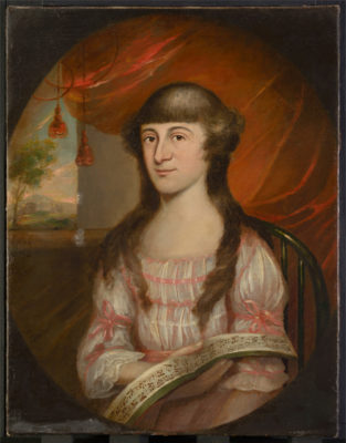 Painting of seated young woman wearing a white and pink dress with ribbons and holding a music book.