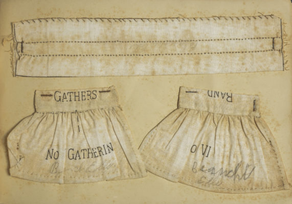 Page of sewing exercises focusing on cuffs. Image details proper stitched for gathers and no gathers.
