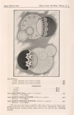 Page of trade catalog showing details of crocheted items.
